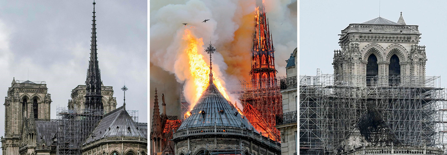 The Notre Dame Cathedral before, during, and after a fire.