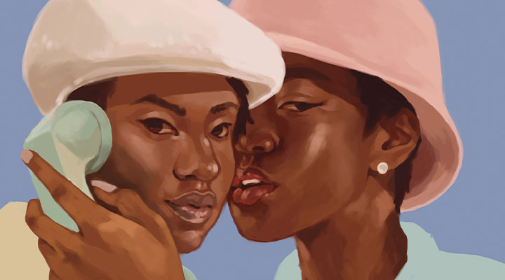 Pastel painting of two people with one holding a phone to the other&apos;s ear