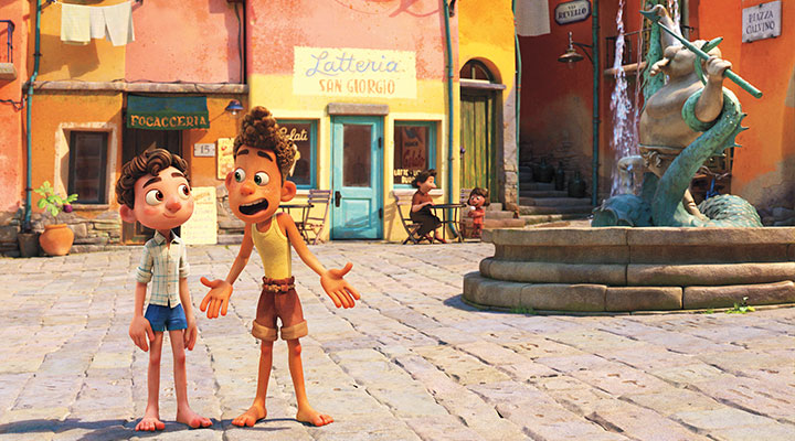 Still scene from Luca, the movie of the two main characters in a town square