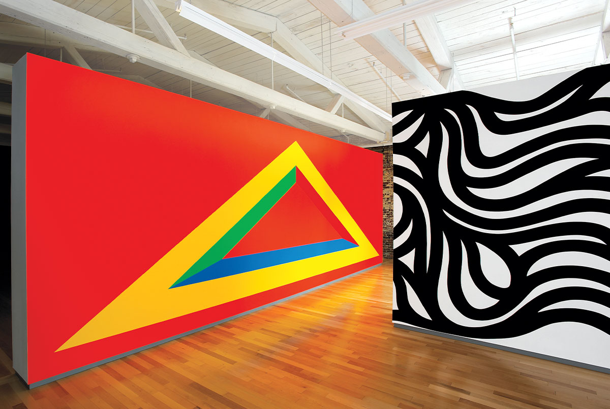 Red wall with colorful triangle and wall with black and white pattern