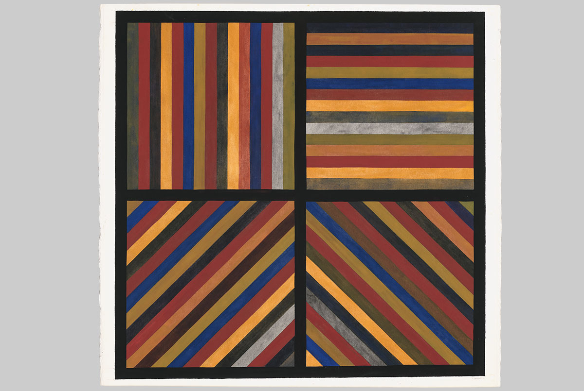 Painting of square and colorful line patterns