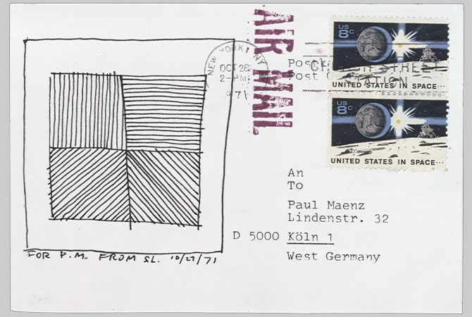 Enlargeable image of post card with a square and line illustration