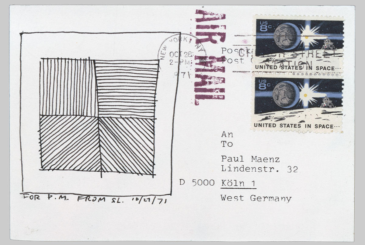 Post card with a square and line illustration