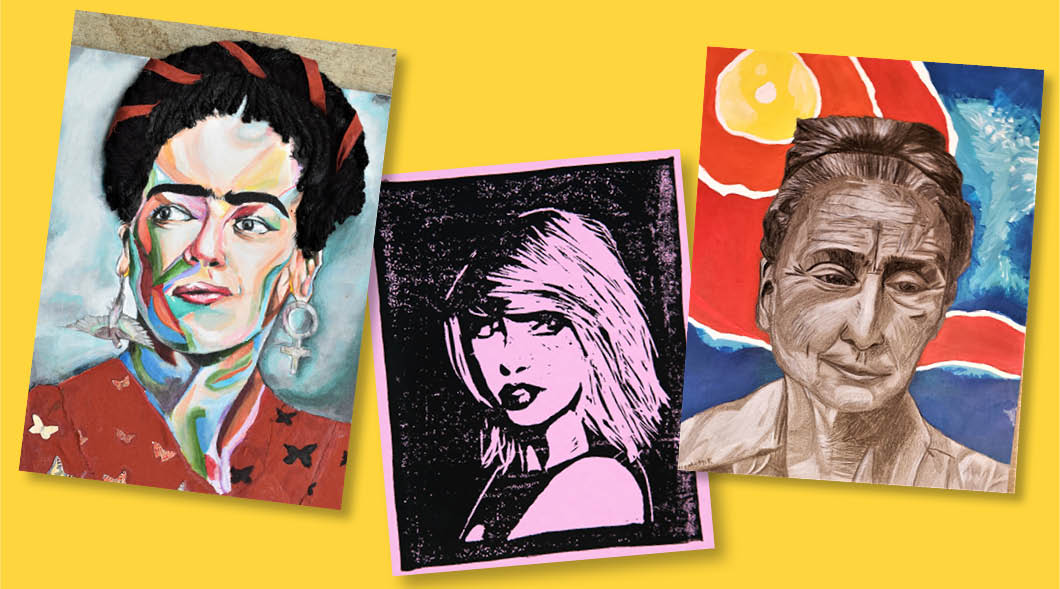 Three colorful illustrations of famous women