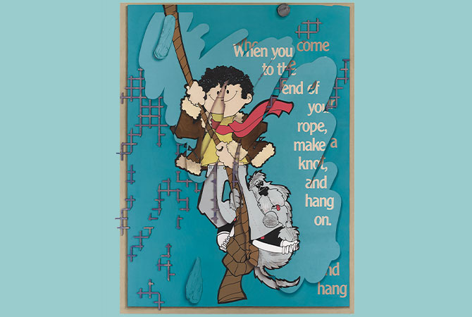 Enlargeable image showing a fragmented cartoon of a boy and a dog hanging on to a rope