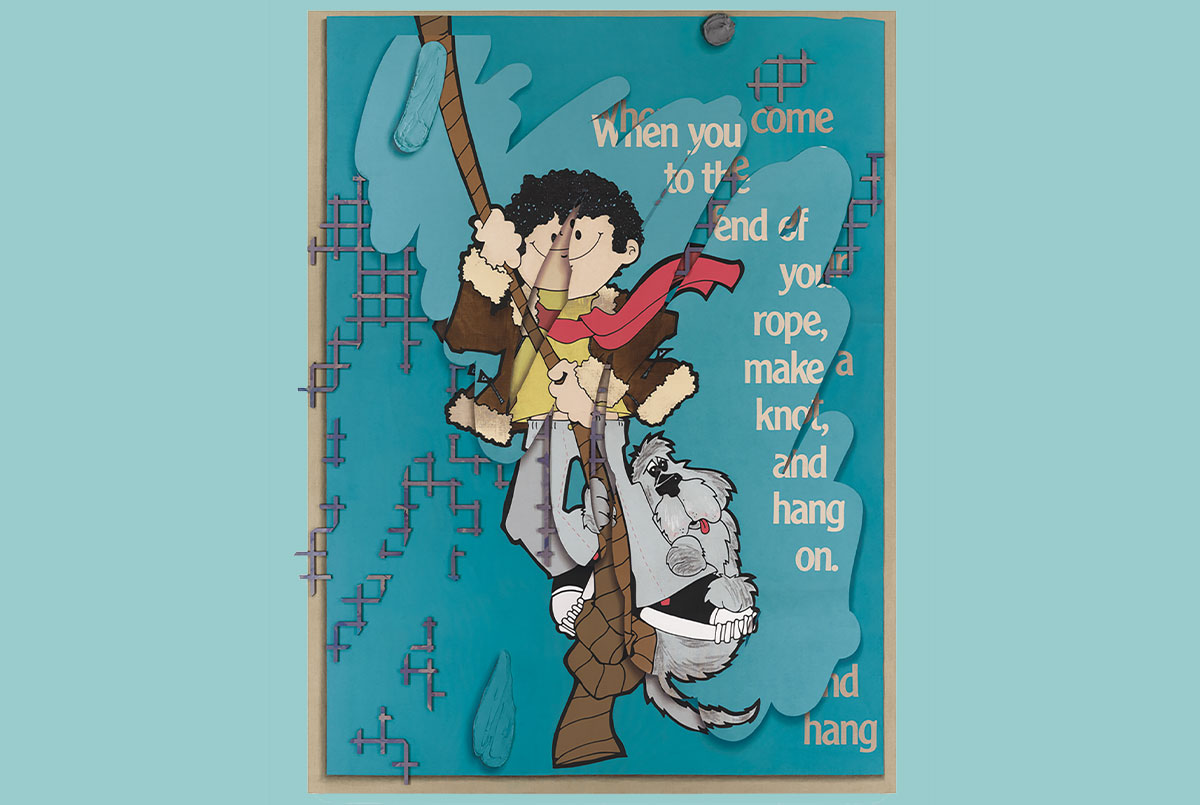 Fragmented cartoon of a boy and a dog hanging on to a rope