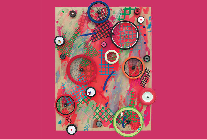 Enlargeable image showing a multimedia painting with red splotches and three-dimensional wheels