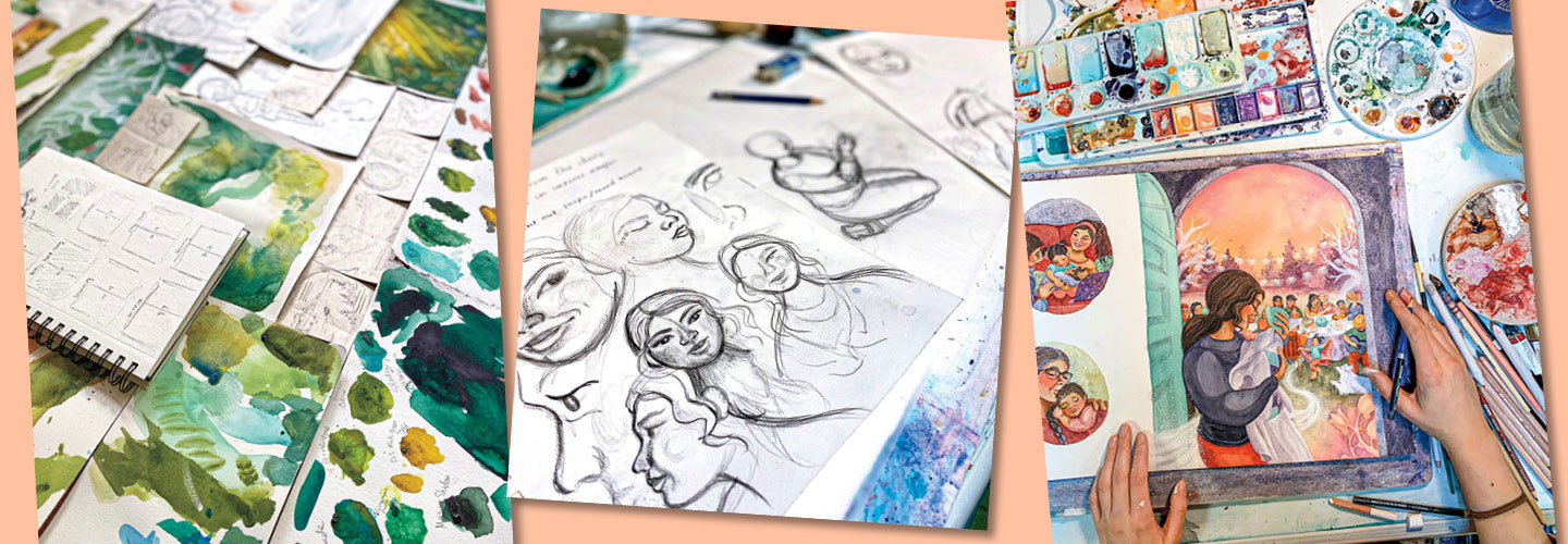 The making of a watercolor painting mimicking family album photos