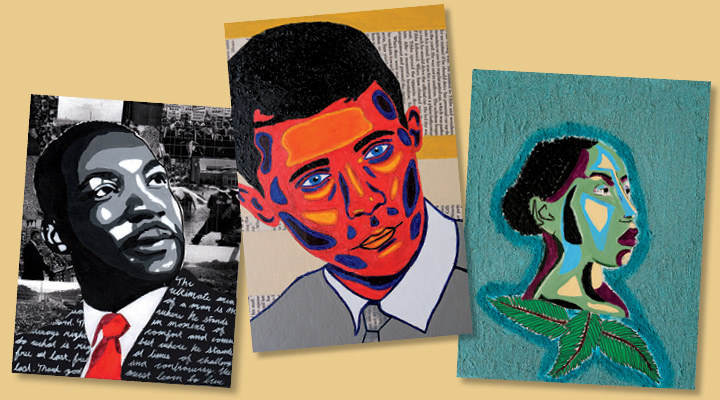 Three pieces of mixed media portraits