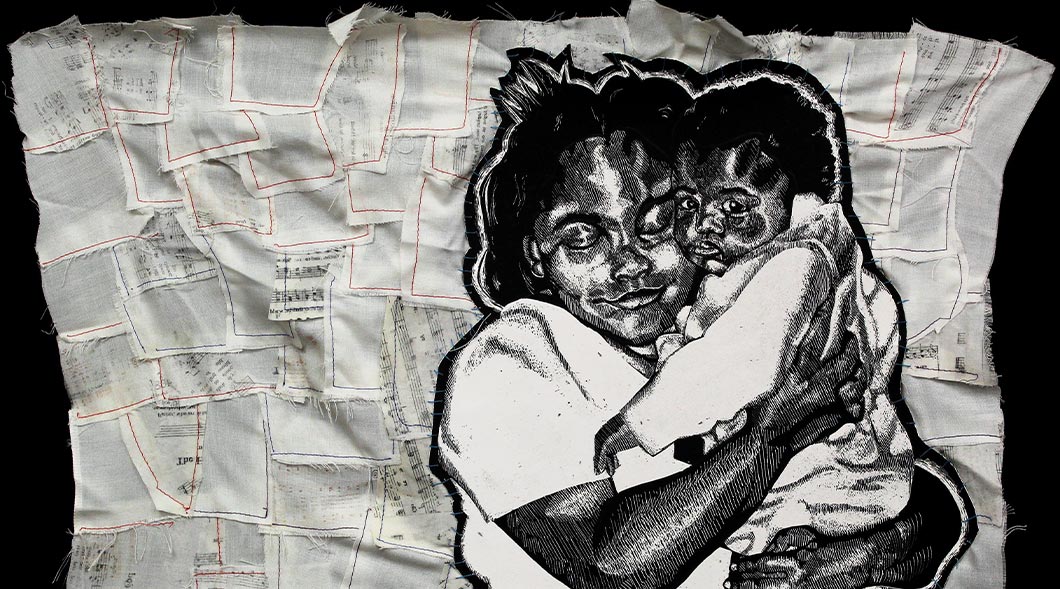 Image of a mother & child stitching