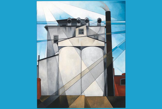 Enlargeable image of Charles Demuth&apos;s painting of a steel yard using oil, chalk, and pencil