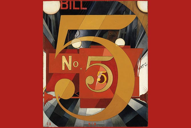 Enlargeable Charles Demuth painting of the number 5 made out of oil, graphite, ink, and gold leaf