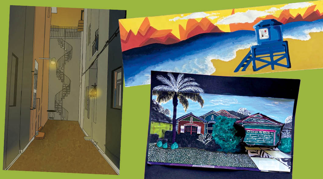 Three illustrations, one of a spiral staircase, one of a lifeguard stand at beach, and last of house