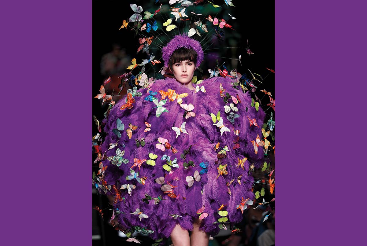 Image of a purple dressed made from feathers and fake butterflies