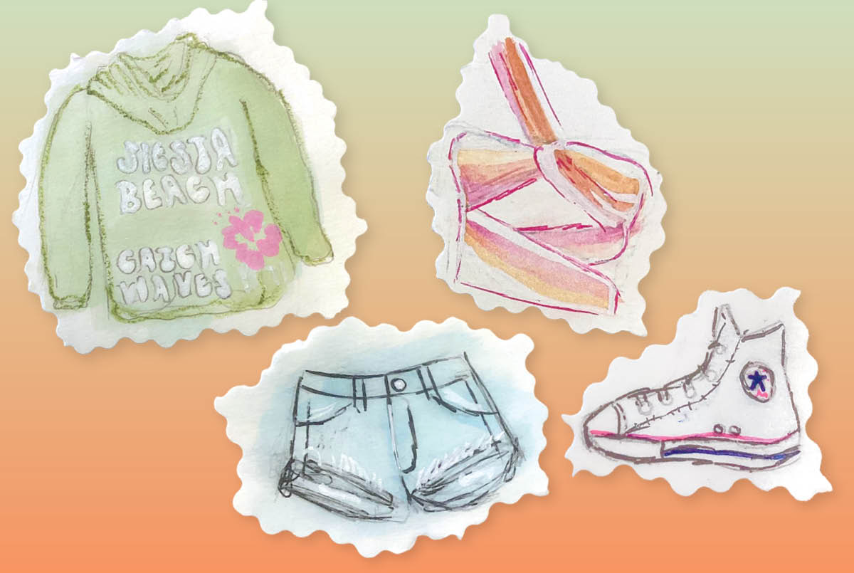 Illustration of a hoodie, shirt, shorts, and converse