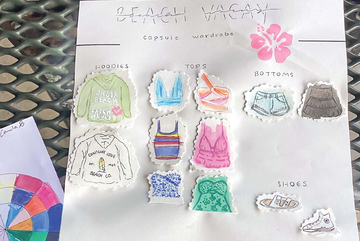 Illustration of different wardrobe pieces like hoodies and shoes
