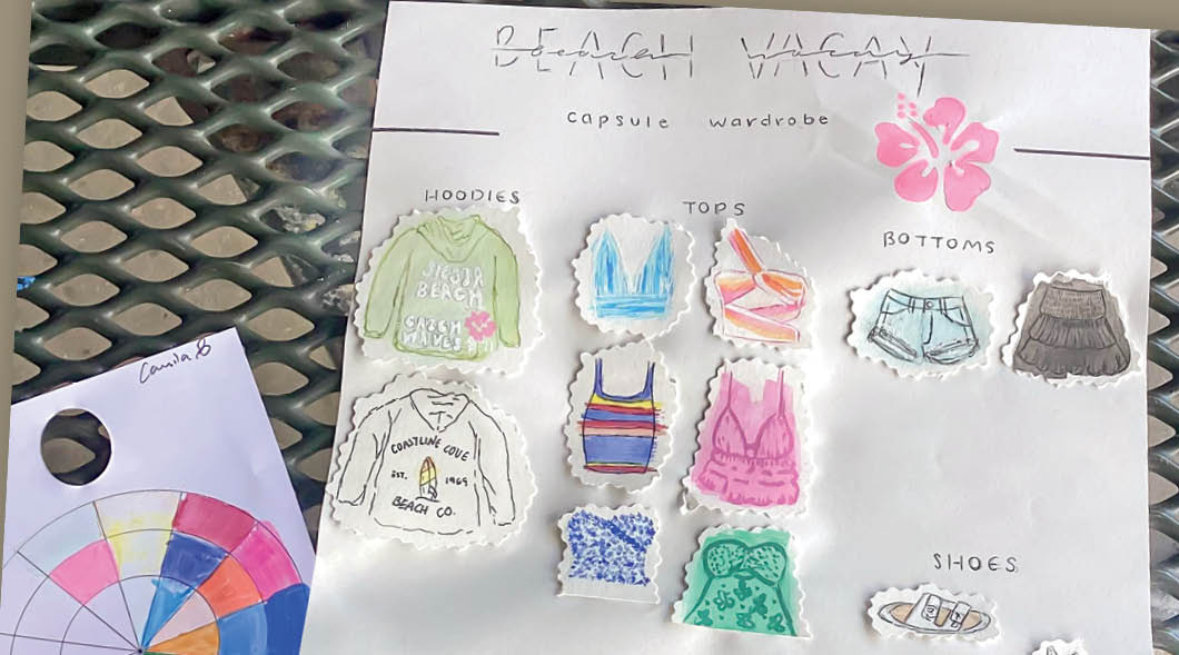 Illustration of different wardrobe pieces like hoodies and shoes