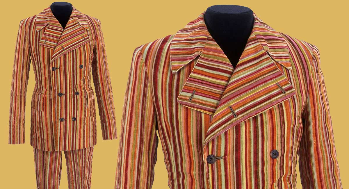 Image of a colorful striped suit worn by a mannequin