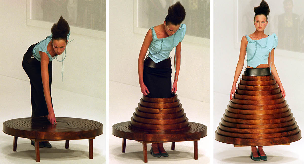 Image of a model wearing a table that transforms into a skirt