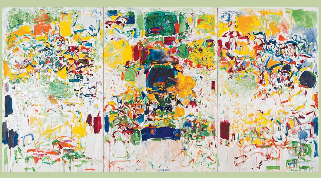 Painting including three panels of colorful lines and shapes