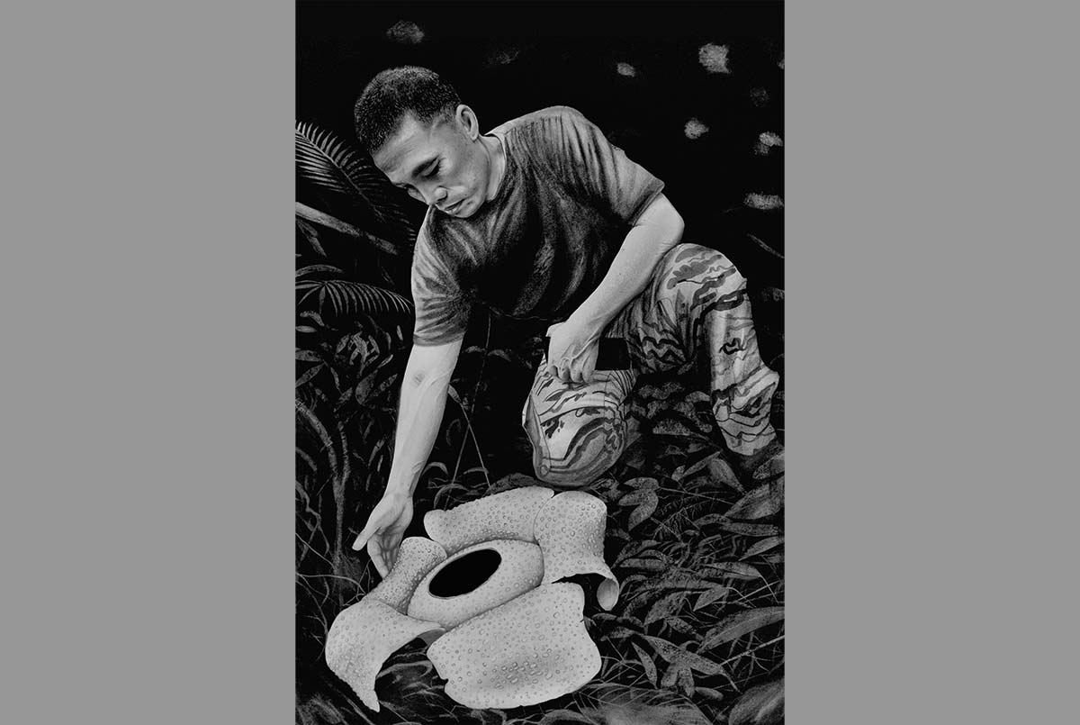 Black & white painting of a person observing a large flower