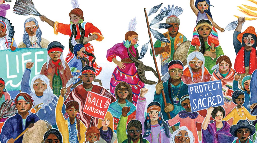 Illustration of a variety of people protesting for protection of Earth