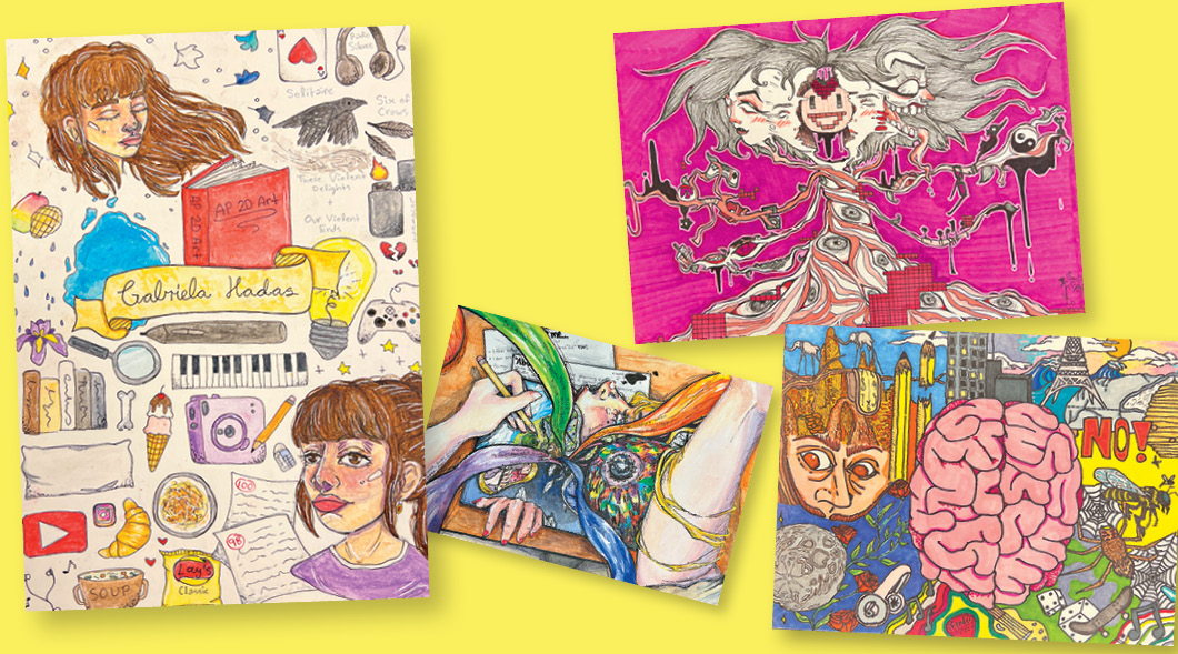 Image of four colorful, detailed pieces of student art