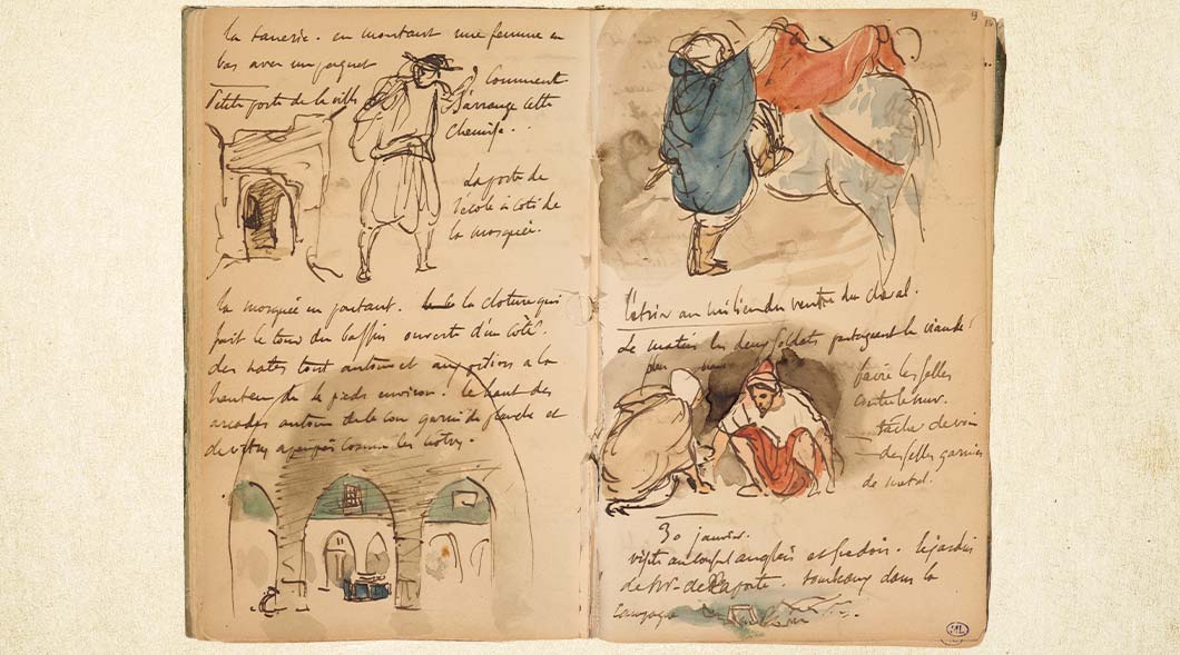 Image of sketches of people and writing by Delacroix