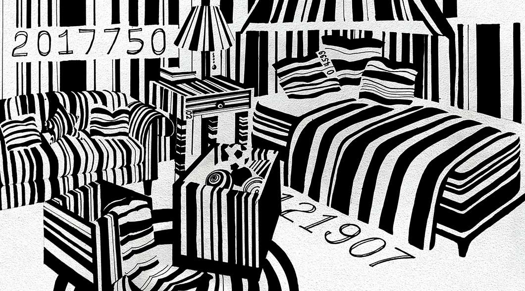 Image of a bedroom with the pieces of furniture made by bar code design