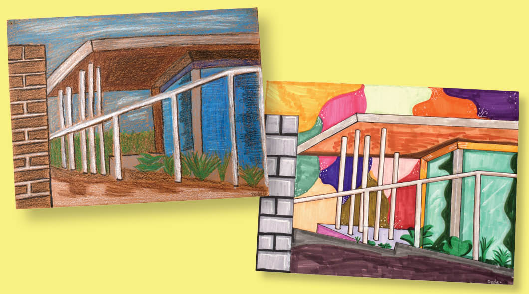 Image of two drawings of the same building but created in different ways