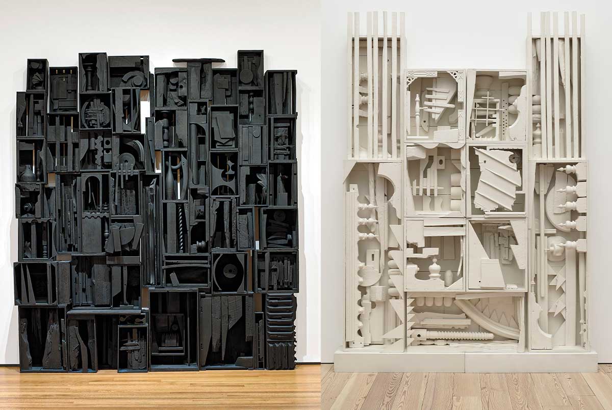 Two displays of furniture pieces orchestrated together into a rectangle, one black, the other white