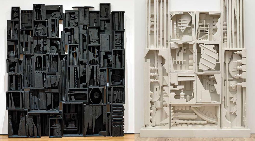Two displays of furniture pieces orchestrated together into a rectangle, one black, the other white