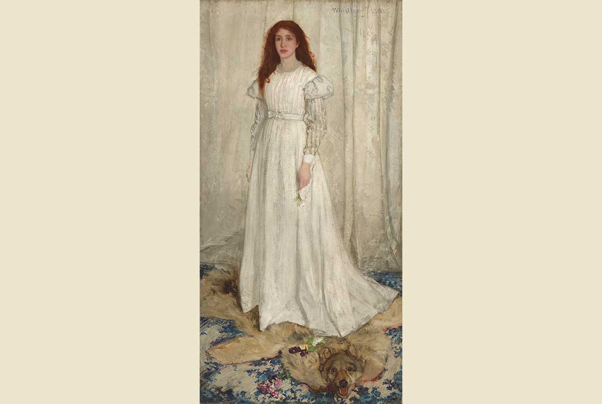 Painting of a woman in a long white dress standing on a wolf rug