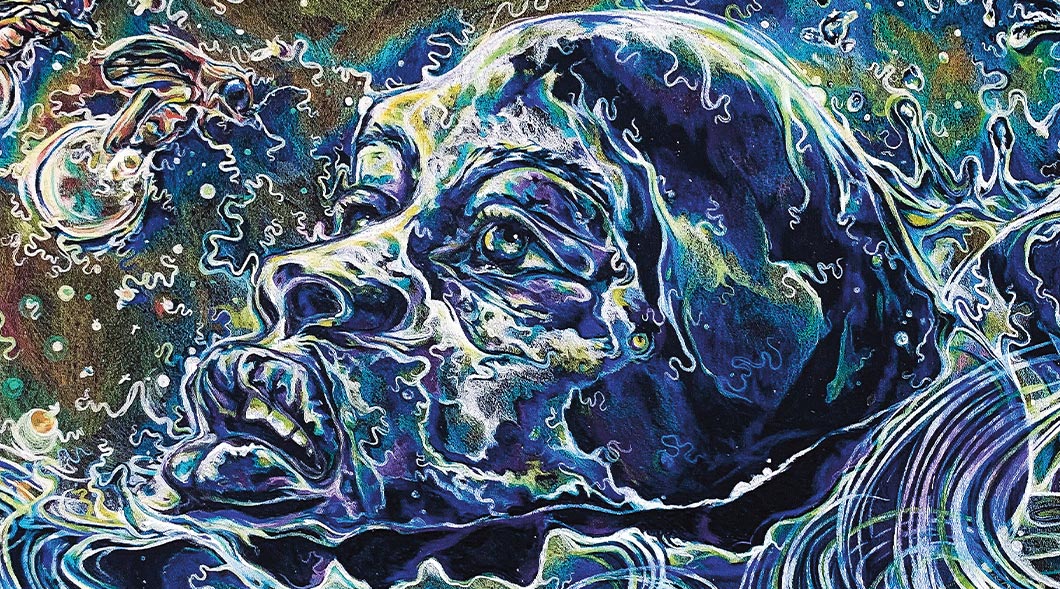Painting of a self-portrait drawn as the swirling ocean