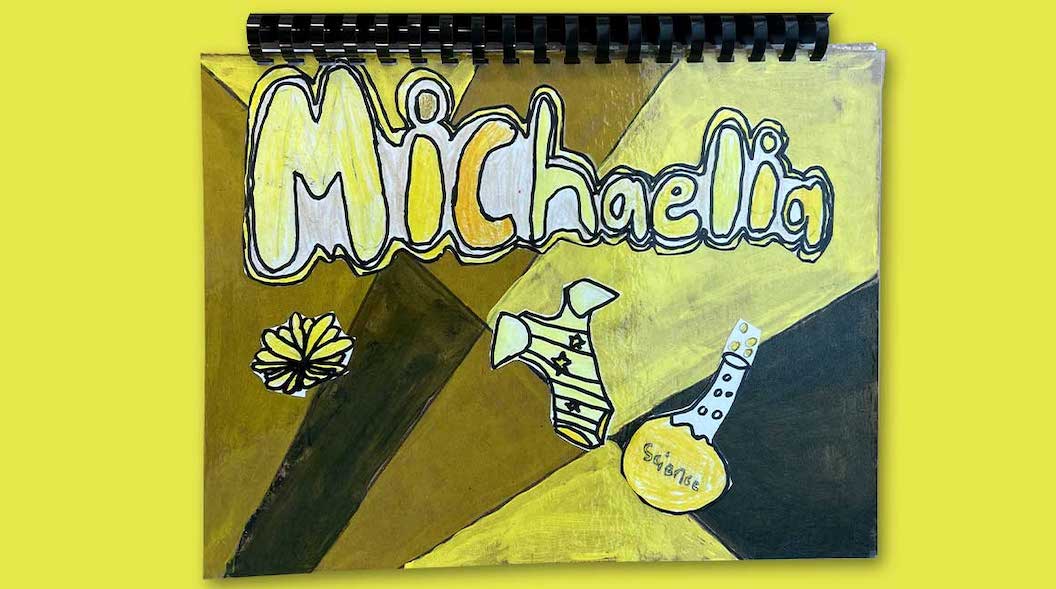 Image of a yellow and black art piece with the name, "Michaelia"