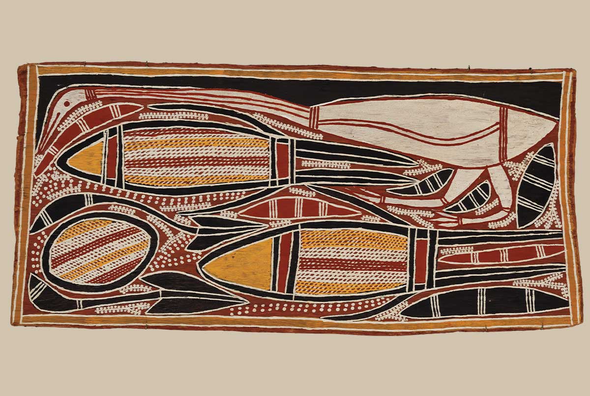 Image of a bird creature standing over sea creatures and painted in yellow, red, and black