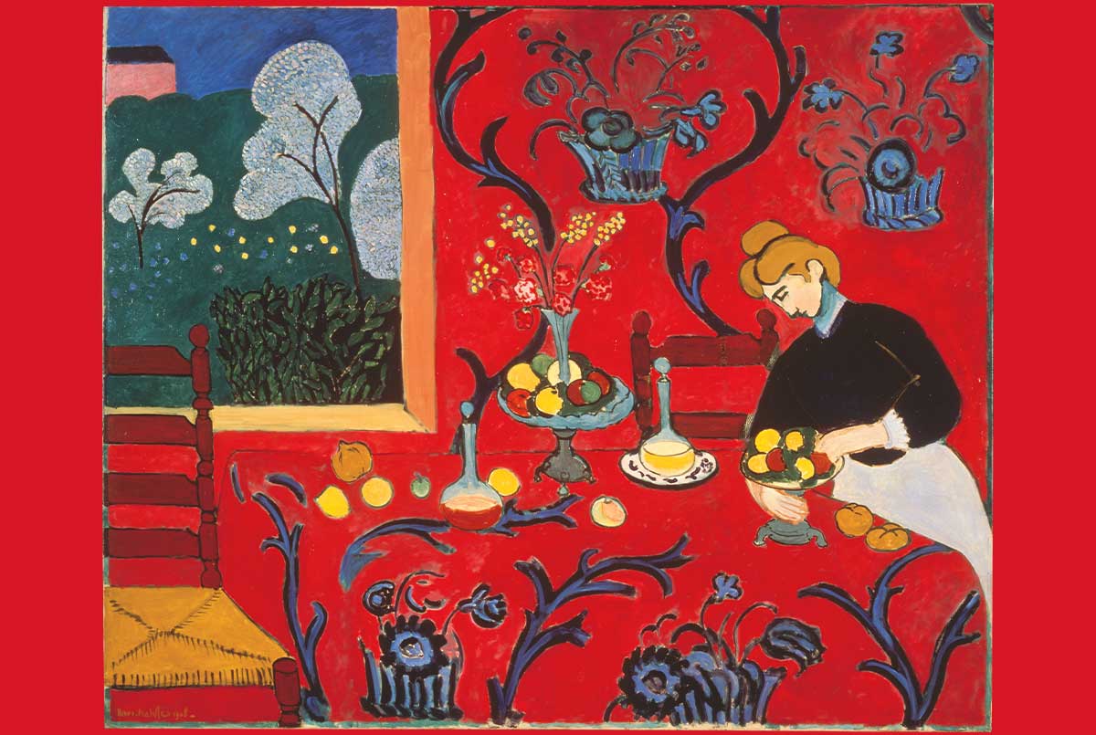 Painting of a woman at a dinner table alone with red walls and red tablecloth
