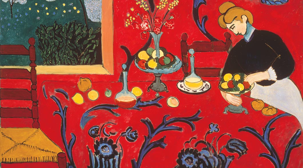 Painting of a woman at a dinner table alone with red walls and red tablecloth
