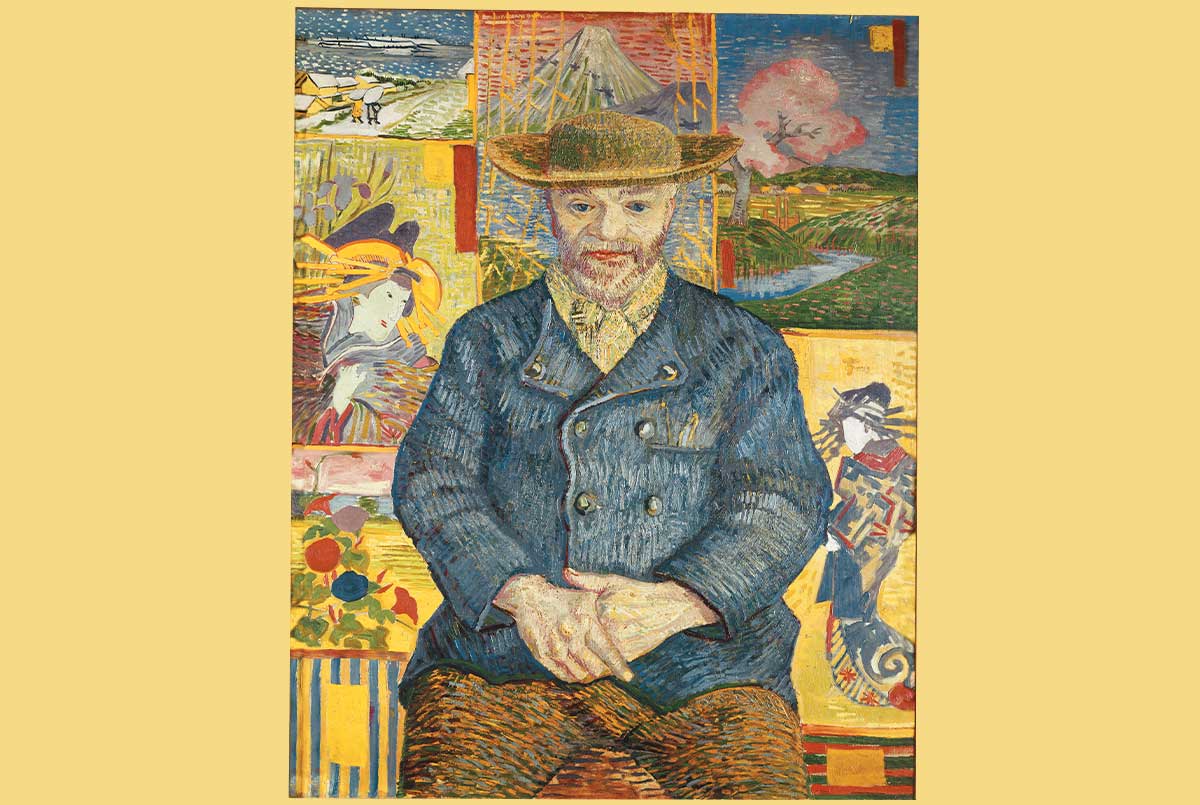 Painting of a man sitting against a yellow toned background filled with different images
