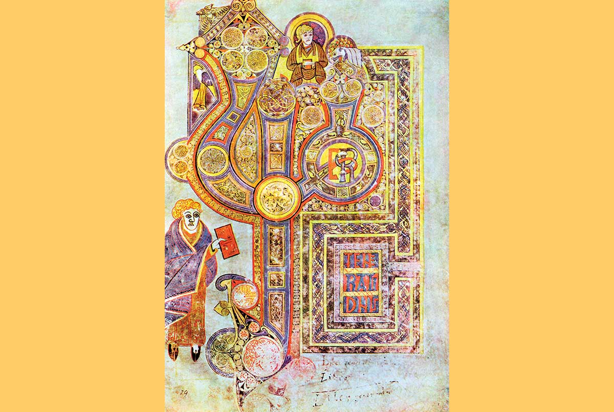 Image of a painting with people and detailed patterns
