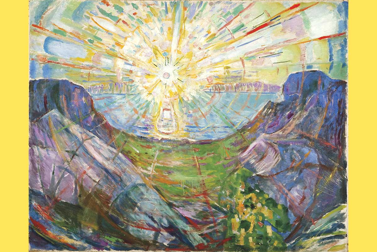 Image of a bright sun shining its rays on a natural landscape