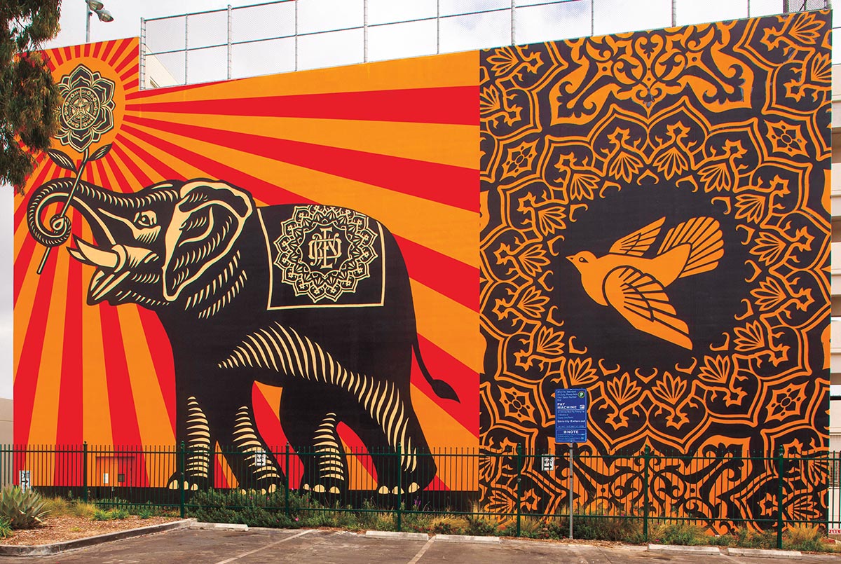 Mural of an elephant and a bird