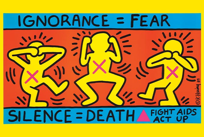 Enlargeable image of three characters. Text, "Ignorance = Fear; Silence = Death; Fight Aids Act Up