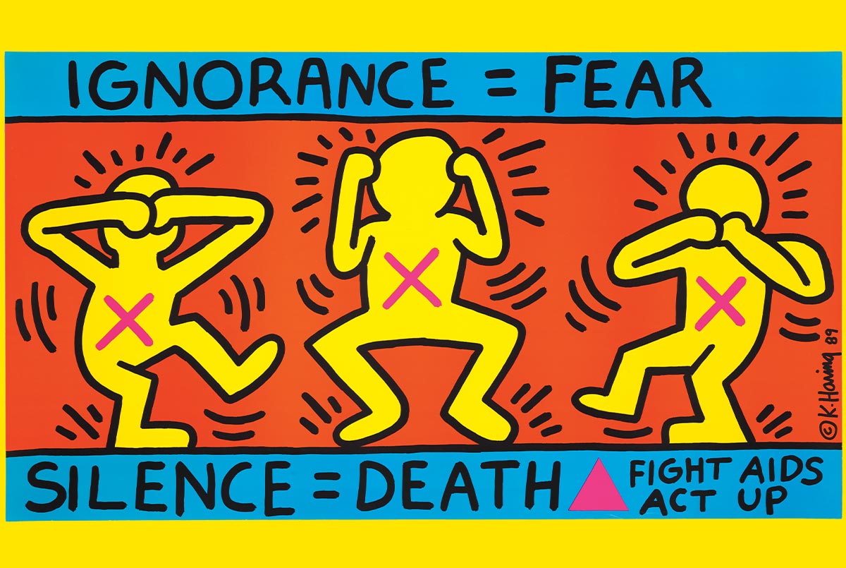 Image of three characters. Text, "Ignorance = Fear; Silence = Death; Fight Aids Act Up
